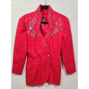 IIF‎ Studded Rhinestone Blazer Women P Red Excellent Vintage 80s Longline Jacket